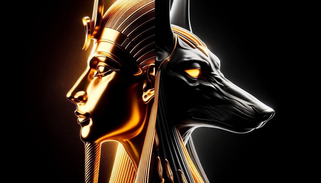 Photo-style depiction of the gods Ra and Anubis in a side-by-side profile. Ra's visage shines with golden luminescence, while Anubis is rendered in contrasting black, underscoring the balance between light and darkness in Egyptian mythology.