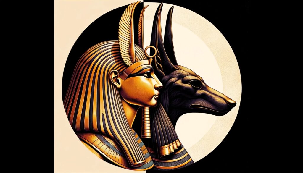 Drawing of Ra, with his iconic solar disk, and Anubis, with his jackal head, presented side by side in profile. The color palette plays with shades of gold for Ra and deep blacks for Anubis, emphasizing the duality of their roles in Egyptian lore.